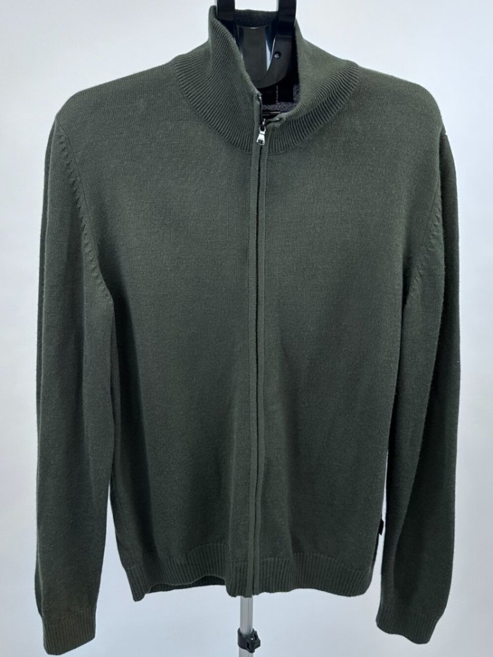 BOSS Hugo Boss Full Zip Sweater Men XL Green Wool Blend Mock Neck Knit